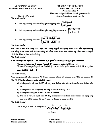 Đề kiểm tra giữa học kì II Toán 9 - Năm học 2023-2024 - Trường TH&THCS Việt-Anh (Có đáp án)