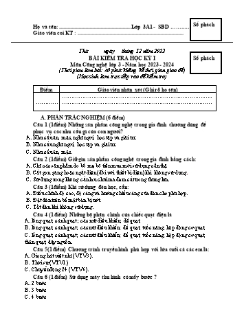 Đề kiểm tra học kì I Công nghệ 3 - Năm học 2023-2024 - Trường TH&THCS Việt-Anh (Có đáp án + Ma trận)