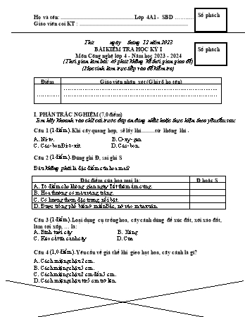 Đề kiểm tra học kì I Công nghệ 4 - Năm học 2023-2024 - Trường TH&THCS Việt-Anh (Có đáp án + Ma trận)