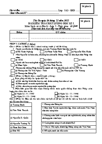Đề kiểm tra học kì I Lịch sử và Địa lí 5 - Năm học 2023-2024 - Trường TH&THCS Việt-Anh (Có đáp án + Ma trận)