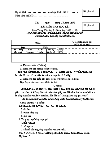 Đề kiểm tra học kì I Tiếng Việt 1 - Năm học 2023-2024 - Trường TH&THCS Việt-Anh (Có đáp án + Ma trận)