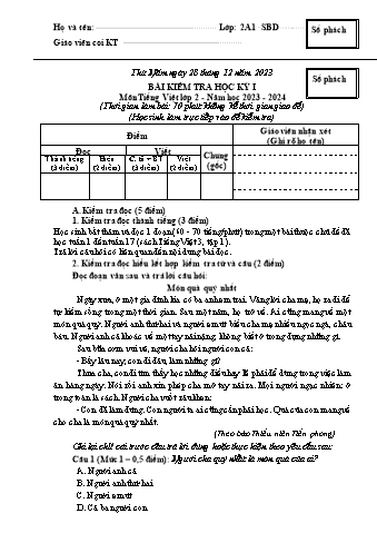 Đề kiểm tra học kì I Tiếng Việt 2 - Năm học 2023-2024 - Trường TH&THCS Việt-Anh (Có đáp án + Ma trận)