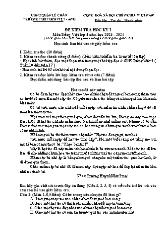 Đề kiểm tra học kì I Tiếng Việt 4 - Năm học 2023-2024 - Trường TH&THCS Việt-Anh (Có đáp án + Ma trận)