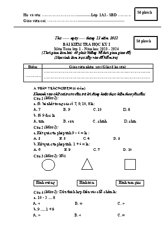 Đề kiểm tra học kì I Toán 1 - Năm học 2023-2024 - Trường TH&THCS Việt-Anh (Có đáp án + Ma trận)