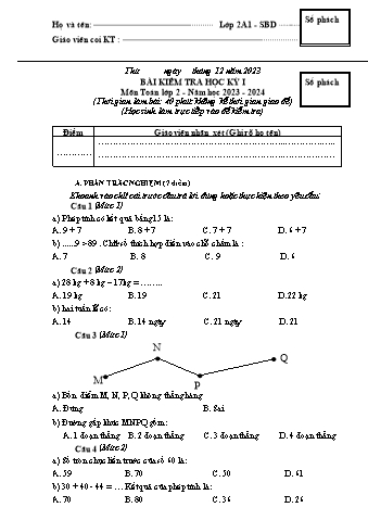 Đề kiểm tra học kì I Toán 2 - Năm học 2023-2024 - Trường TH&THCS Việt-Anh (Có đáp án + Ma trận)