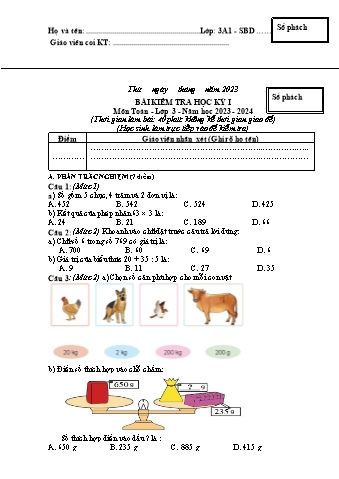 Đề kiểm tra học kì I Toán 3 - Năm học 2023-2024 - Trường TH&THCS Việt-Anh (Có đáp án + Ma trận)