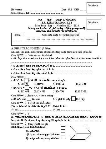 Đề kiểm tra học kì I Toán 4 - Năm học 2023-2024 - Trường TH&THCS Việt-Anh (Có đáp án + Ma trận)