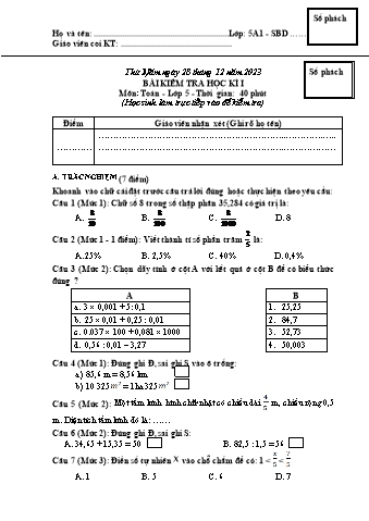 Đề kiểm tra học kì I Toán 5 - Năm học 2023-2024 - Trường TH&THCS Việt-Anh (Có đáp án + Ma trận)