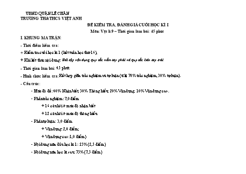 Đề kiểm tra học kì I Vật lí 9 - Trường TH&THCS Việt-Anh (Có đáp án + Ma trận)