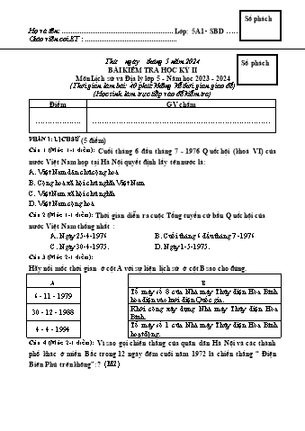 Đề kiểm tra học kì II Lịch sử và Địa lí 5 - Năm học 2023-2024 - Trường TH&THCS Việt-Anh (Có đáp án + Ma trận)