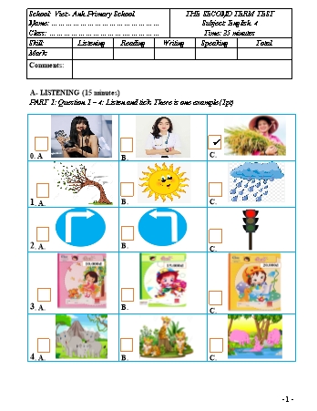 Đề kiểm tra học kì II Tiếng Anh 4 - Đề 1 - Trường Tiểu học Việt-Anh (Có đáp án + File nghe)