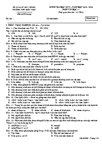 Đề kiểm tra học kì II Tin học 11 - Mã đề 001 - Năm học 2022-2023 - Trường THPT Kiến Thụy (Có đáp án + Ma trận)