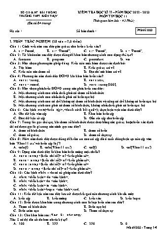 Đề kiểm tra học kì II Tin học 11 - Mã đề 003 - Năm học 2022-2023 - Trường THPT Kiến Thụy (Có đáp án + Ma trận)