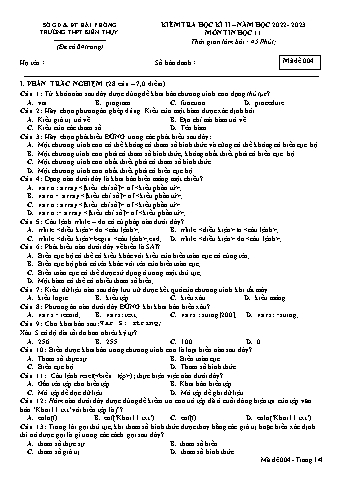 Đề kiểm tra học kì II Tin học 11 - Mã đề 004 - Năm học 2022-2023 - Trường THPT Kiến Thụy (Có đáp án + Ma trận)