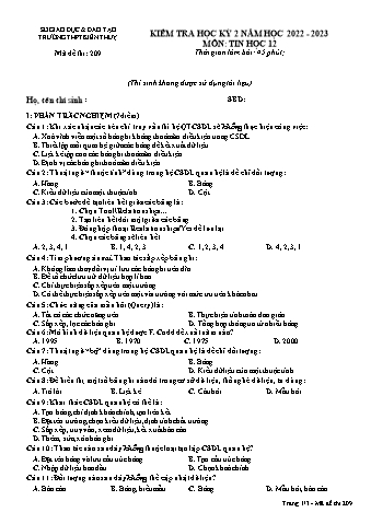 Đề kiểm tra học kì II Tin học 12 - Mã đề 209 - Năm học 2022-2023 - Trường THPT Kiến Thụy (Có đáp án)