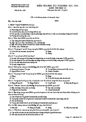 Đề kiểm tra học kì II Tin học 12 - Mã đề 357 - Năm học 2022-2023 - Trường THPT Kiến Thụy (Có đáp án)