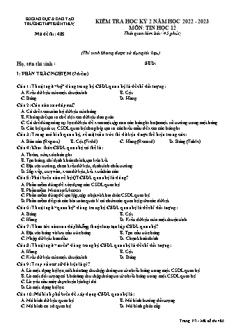 Đề kiểm tra học kì II Tin học 12 - Mã đề 485 - Năm học 2022-2023 - Trường THPT Kiến Thụy (Có đáp án)