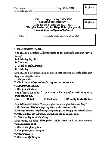 Đề kiểm tra học kì II Tin học 4 - Năm học 2023-2024 - Trường TH&THCS Việt-Anh (Có đáp án + Ma trận)