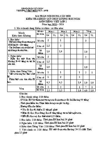 Đề kiểm tra KSCL đầu năm Tiếng Việt 2 - Năm học 2023-2024 - Trường TH&THCS Việt-Anh (Có đáp án + Ma trận)