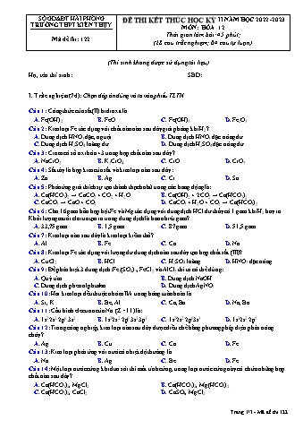 Đề thi cuối học kì II Hóa học 12 - Mã đề 122 - Năm học 2022-2023 - Trường THPT Kiến Thụy (Có đáp án + Ma trận)
