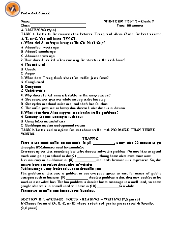 Đề thi giữa học kì II Tiếng Anh 7 (Có đáp án)