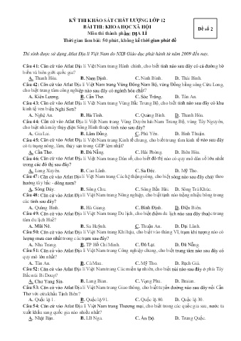 Đề thi khảo sát chất lượng Địa lí 12 - Đề số 2 (Có đáp án)