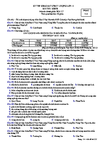 Đề thi khảo sát chất lượng Địa lí 12 - Mã đề 213 (Có đáp án)
