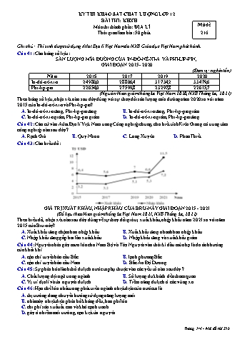 Đề thi khảo sát chất lượng Địa lí 12 - Mã đề 216 (Có đáp án)