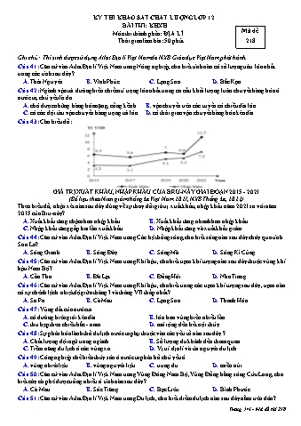 Đề thi khảo sát chất lượng Địa lí 12 - Mã đề 218 (Có đáp án)