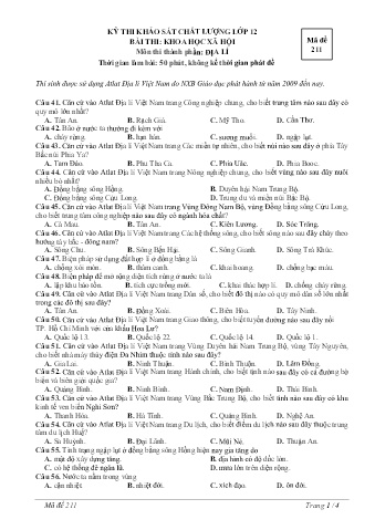 Đề thi khảo sát chất lượng Địa lí Lớp 12 - Mã đề 211 (Có đáp án)