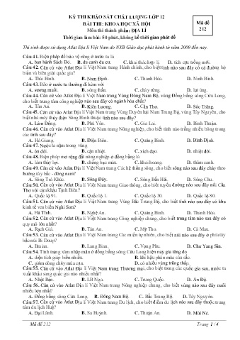 Đề thi khảo sát chất lượng Địa lí Lớp 12 - Mã đề 212 (Có đáp án)