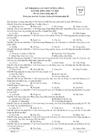Đề thi khảo sát chất lượng Địa lí Lớp 12 - Mã đề 213 (Có đáp án)