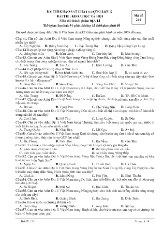 Đề thi khảo sát chất lượng Địa lí Lớp 12 - Mã đề 214 (Có đáp án)