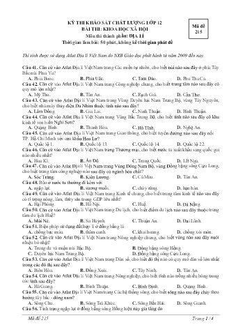 Đề thi khảo sát chất lượng Địa lí Lớp 12 - Mã đề 215 (Có đáp án)