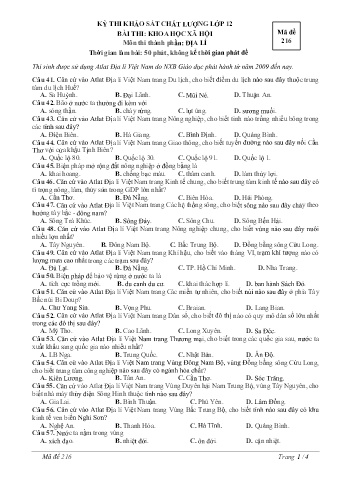 Đề thi khảo sát chất lượng Địa lí Lớp 12 - Mã đề 216 (Có đáp án)