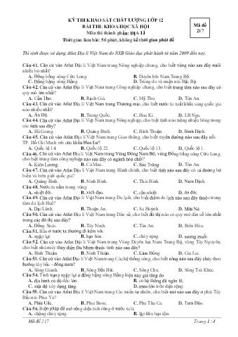 Đề thi khảo sát chất lượng Địa lí Lớp 12 - Mã đề 217 (Có đáp án)