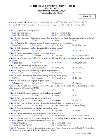 Đề thi khảo sát chất lượng Hóa học 12 - Mã đề 101 (Có đáp án + Ma trận)