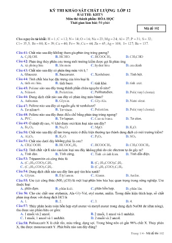 Đề thi khảo sát chất lượng Hóa học 12 - Mã đề 102 (Có đáp án + Ma trận)