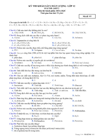 Đề thi khảo sát chất lượng Hóa học 12 - Mã đề 103 (Có đáp án + Ma trận)
