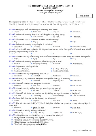 Đề thi khảo sát chất lượng Hóa học 12 - Mã đề 104 (Có đáp án + Ma trận)