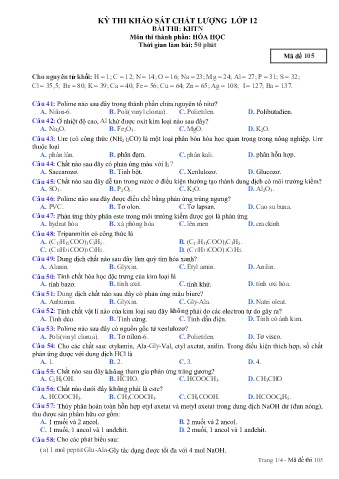Đề thi khảo sát chất lượng Hóa học 12 - Mã đề 105 (Có đáp án + Ma trận)