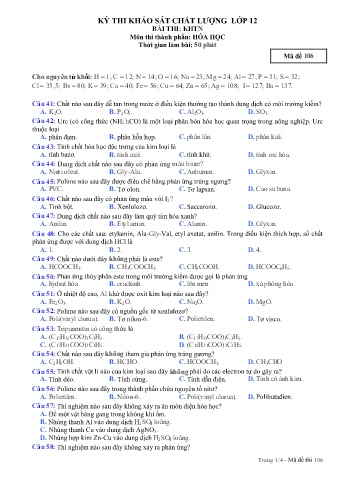 Đề thi khảo sát chất lượng Hóa học 12 - Mã đề 106 (Có đáp án + Ma trận)