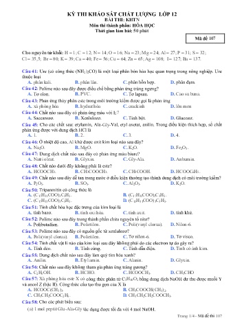 Đề thi khảo sát chất lượng Hóa học 12 - Mã đề 107 (Có đáp án + Ma trận)