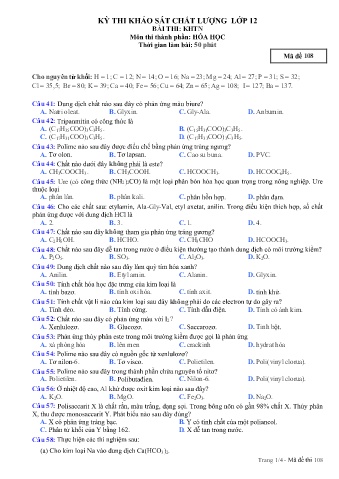 Đề thi khảo sát chất lượng Hóa học 12 - Mã đề 108 (Có đáp án + Ma trận)