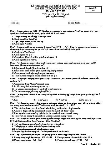 Đề thi khảo sát chất lượng Lịch sử 12 - Mã đề 211 (Có đáp án)