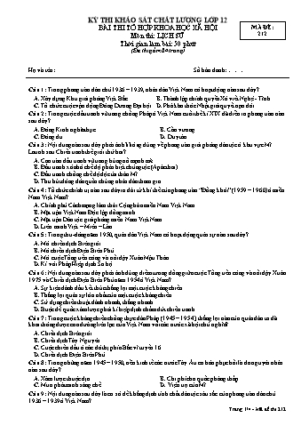 Đề thi khảo sát chất lượng Lịch sử 12 - Mã đề 212 (Có đáp án)