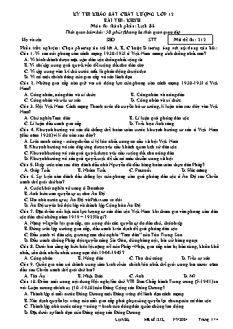 Đề thi khảo sát chất lượng Lịch sử 12 - Mã đề 212 - Năm học 2023-2024 (Có đáp án)