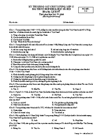 Đề thi khảo sát chất lượng Lịch sử 12 - Mã đề 213 (Có đáp án)