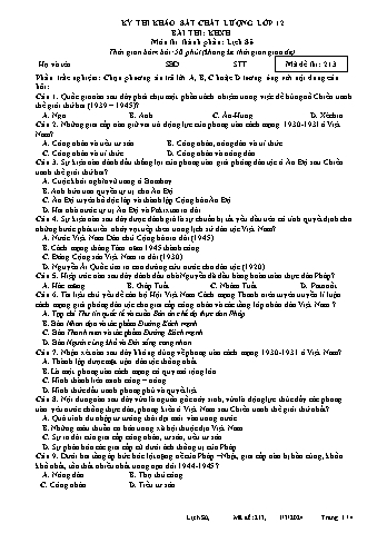 Đề thi khảo sát chất lượng Lịch sử 12 - Mã đề 213 - Năm học 2023-2024 (Có đáp án)
