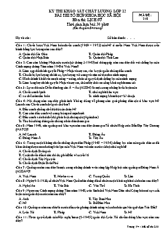 Đề thi khảo sát chất lượng Lịch sử 12 - Mã đề 215 (Có đáp án)